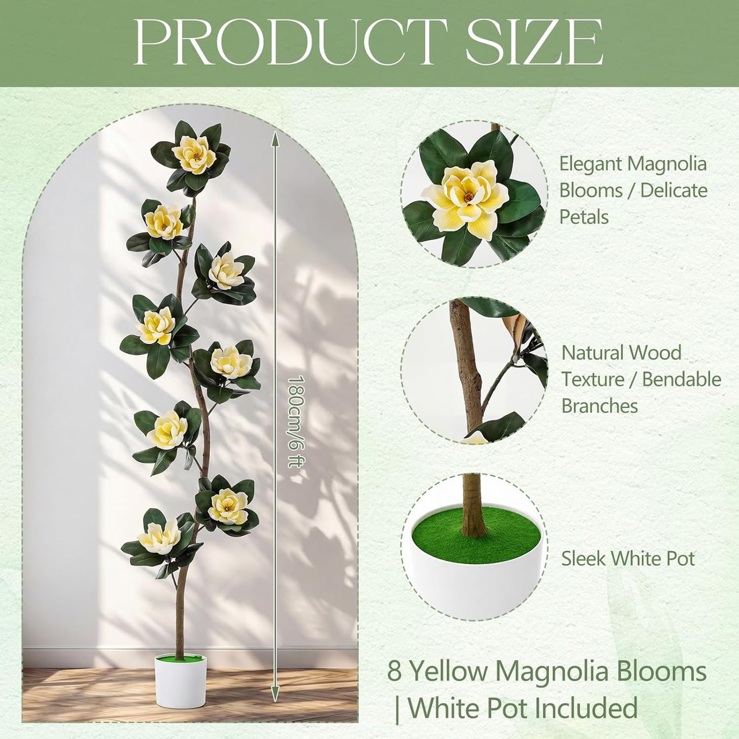 7 ft Artificial Rubber Tree with 9 Magnolia Flowers in Pot Extra Tall Faux Magnolia Tree Fake Plant Indoor Floor Plant for Indoor Living Room Office Home Decor