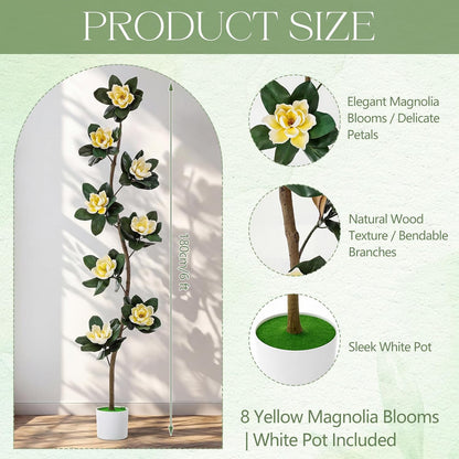 7 ft Artificial Rubber Tree with 9 Magnolia Flowers in Pot Extra Tall Faux Magnolia Tree Fake Plant Indoor Floor Plant for Indoor Living Room Office Home Decor