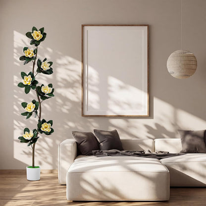 7 ft Artificial Rubber Tree with 9 Magnolia Flowers in Pot Extra Tall Faux Magnolia Tree Fake Plant Indoor Floor Plant for Indoor Living Room Office Home Decor