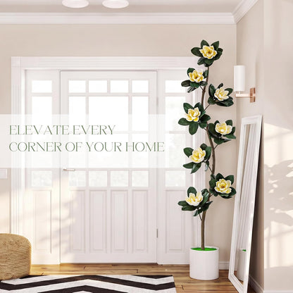 7 ft Artificial Rubber Tree with 9 Magnolia Flowers in Pot Extra Tall Faux Magnolia Tree Fake Plant Indoor Floor Plant for Indoor Living Room Office Home Decor