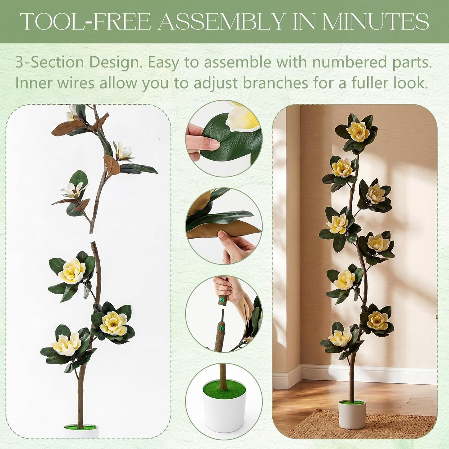 7 ft Artificial Rubber Tree with 9 Magnolia Flowers in Pot Extra Tall Faux Magnolia Tree Fake Plant Indoor Floor Plant for Indoor Living Room Office Home Decor