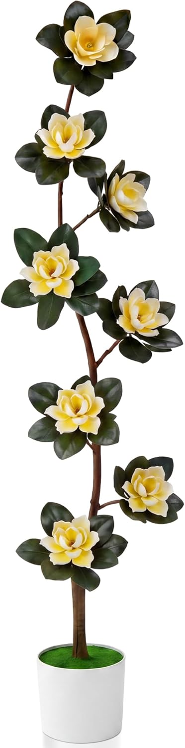 7 ft Artificial Rubber Tree with 9 Magnolia Flowers in Pot Extra Tall Faux Magnolia Tree Fake Plant Indoor Floor Plant for Indoor Living Room Office Home Decor