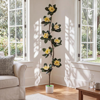 7 ft Artificial Rubber Tree with 9 Magnolia Flowers in Pot Extra Tall Faux Magnolia Tree Fake Plant Indoor Floor Plant for Indoor Living Room Office Home Decor