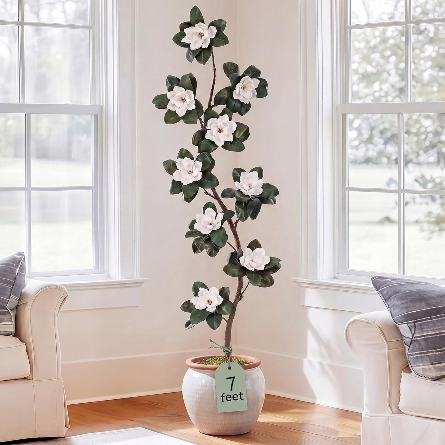 7 ft Artificial Rubber Tree with 9 Magnolia Flowers in Pot Extra Tall Faux Magnolia Tree Fake Plant Indoor Floor Plant for Indoor Living Room Office Home Decor