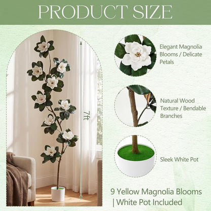 7 ft Artificial Rubber Tree with 9 Magnolia Flowers in Pot Extra Tall Faux Magnolia Tree Fake Plant Indoor Floor Plant for Indoor Living Room Office Home Decor