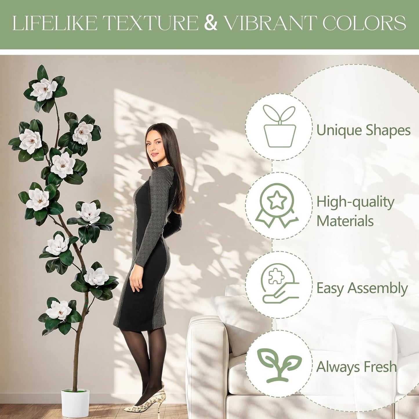 7 ft Artificial Rubber Tree with 9 Magnolia Flowers in Pot Extra Tall Faux Magnolia Tree Fake Plant Indoor Floor Plant for Indoor Living Room Office Home Decor