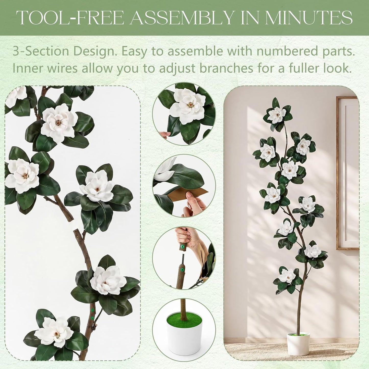 7 ft Artificial Rubber Tree with 9 Magnolia Flowers in Pot Extra Tall Faux Magnolia Tree Fake Plant Indoor Floor Plant for Indoor Living Room Office Home Decor