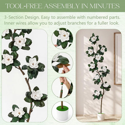 7 ft Artificial Rubber Tree with 9 Magnolia Flowers in Pot Extra Tall Faux Magnolia Tree Fake Plant Indoor Floor Plant for Indoor Living Room Office Home Decor