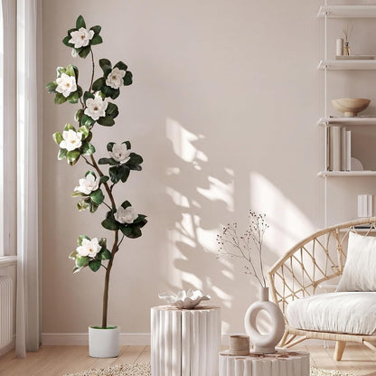 7 ft Artificial Rubber Tree with 9 Magnolia Flowers in Pot Extra Tall Faux Magnolia Tree Fake Plant Indoor Floor Plant for Indoor Living Room Office Home Decor