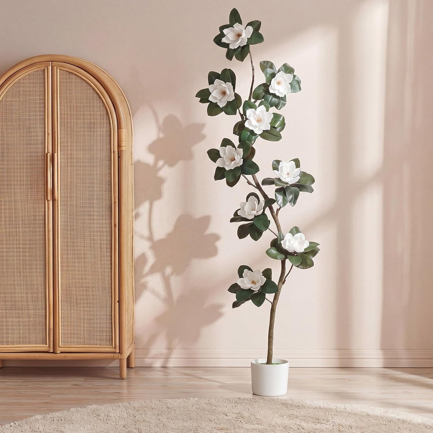7 ft Artificial Rubber Tree with 9 Magnolia Flowers in Pot Extra Tall Faux Magnolia Tree Fake Plant Indoor Floor Plant for Indoor Living Room Office Home Decor