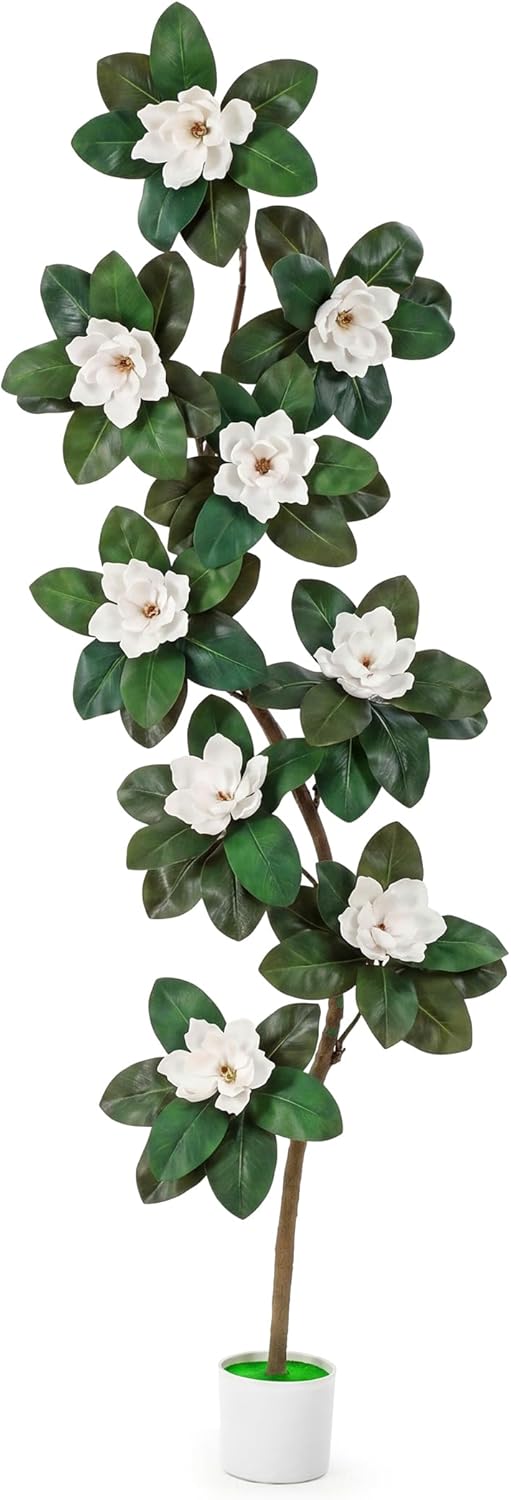7 ft Artificial Rubber Tree with 9 Magnolia Flowers in Pot Extra Tall Faux Magnolia Tree Fake Plant Indoor Floor Plant for Indoor Living Room Office Home Decor
