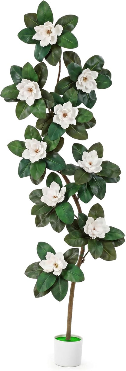7 ft Artificial Rubber Tree with 9 Magnolia Flowers in Pot Extra Tall Faux Magnolia Tree Fake Plant Indoor Floor Plant for Indoor Living Room Office Home Decor
