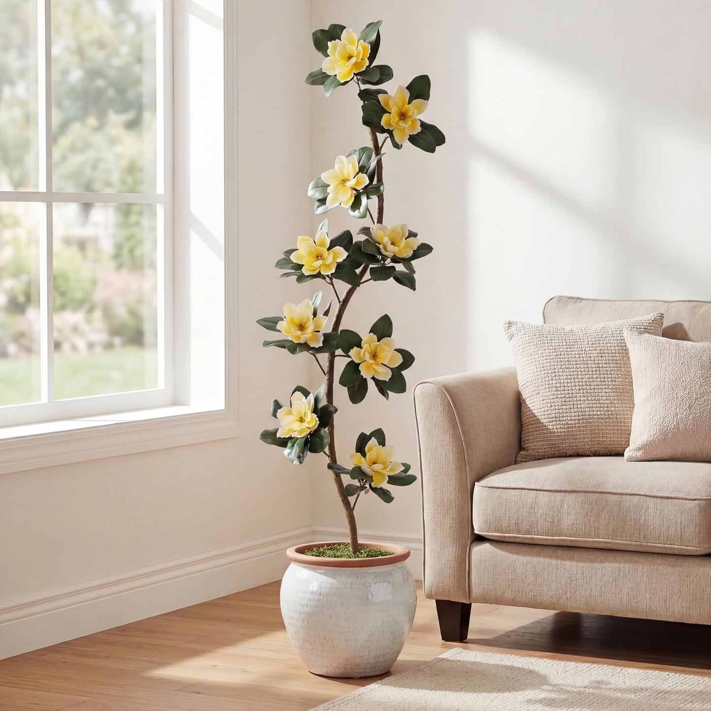 7 ft Artificial Rubber Tree with 9 Magnolia Flowers in Pot Extra Tall Faux Magnolia Tree Fake Plant Indoor Floor Plant for Indoor Living Room Office Home Decor