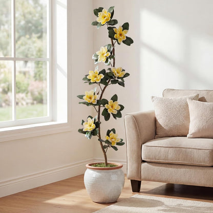 7 ft Artificial Rubber Tree with 9 Magnolia Flowers in Pot Extra Tall Faux Magnolia Tree Fake Plant Indoor Floor Plant for Indoor Living Room Office Home Decor