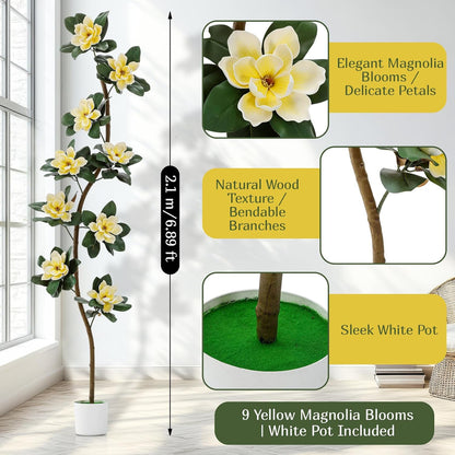 7 ft Artificial Rubber Tree with 9 Magnolia Flowers in Pot Extra Tall Faux Magnolia Tree Fake Plant Indoor Floor Plant for Indoor Living Room Office Home Decor