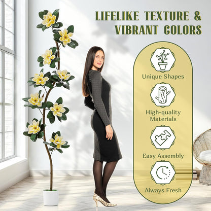 7 ft Artificial Rubber Tree with 9 Magnolia Flowers in Pot Extra Tall Faux Magnolia Tree Fake Plant Indoor Floor Plant for Indoor Living Room Office Home Decor