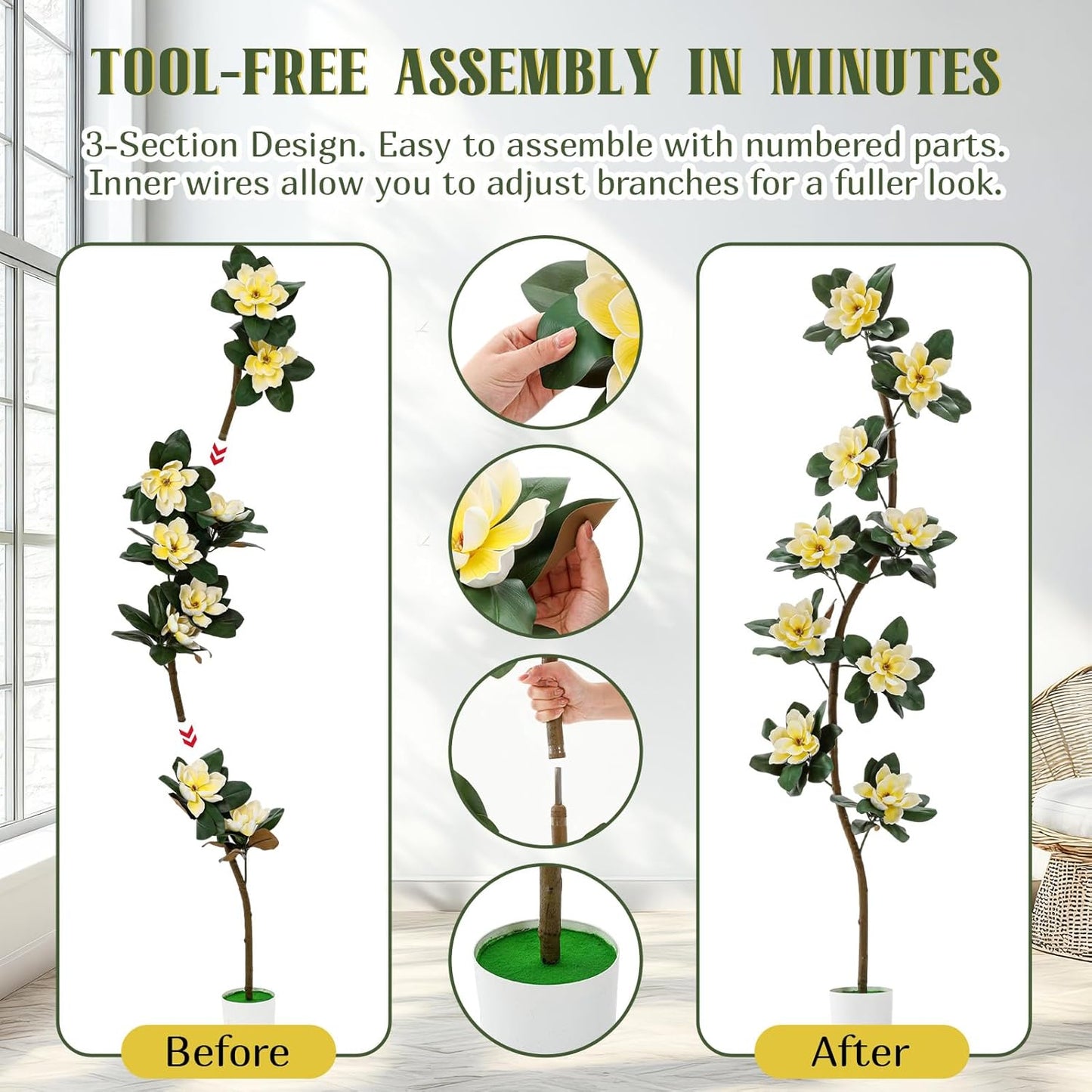 7 ft Artificial Rubber Tree with 9 Magnolia Flowers in Pot Extra Tall Faux Magnolia Tree Fake Plant Indoor Floor Plant for Indoor Living Room Office Home Decor