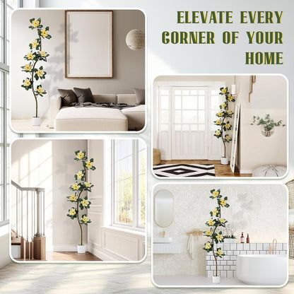 7 ft Artificial Rubber Tree with 9 Magnolia Flowers in Pot Extra Tall Faux Magnolia Tree Fake Plant Indoor Floor Plant for Indoor Living Room Office Home Decor