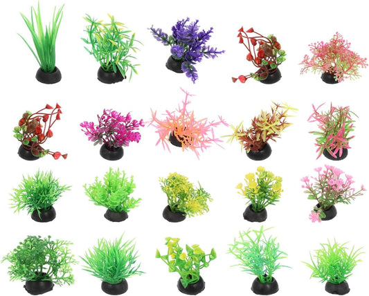 20pcs Fish Tank Decorations Set Aquarium Plants, Colorful Artificial Decor - Mini Plastic Water Plants Grass Accessories for Beta Goldfish Turtle, Random Color