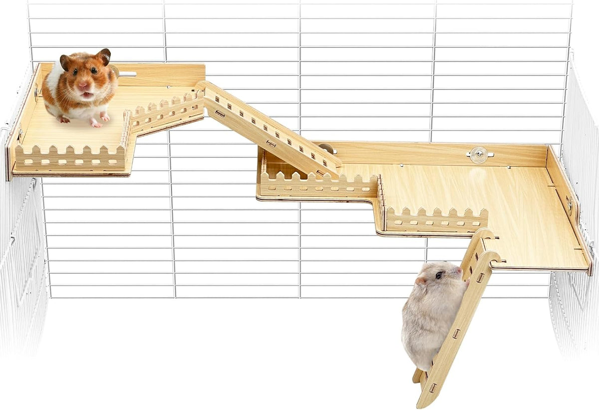 2-Tier Hanging Gerbil Climbing Platform with Ladder & Fence, Wooden Platform for Cage, Hamster Activity Playground Habitat Decor, Cage Accessories for Dwarf Hamster Gerbil Mice Rat Mouse