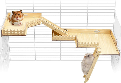 2-Tier Hanging Gerbil Climbing Platform with Ladder & Fence, Wooden Platform for Cage, Hamster Activity Playground Habitat Decor, Cage Accessories for Dwarf Hamster Gerbil Mice Rat Mouse