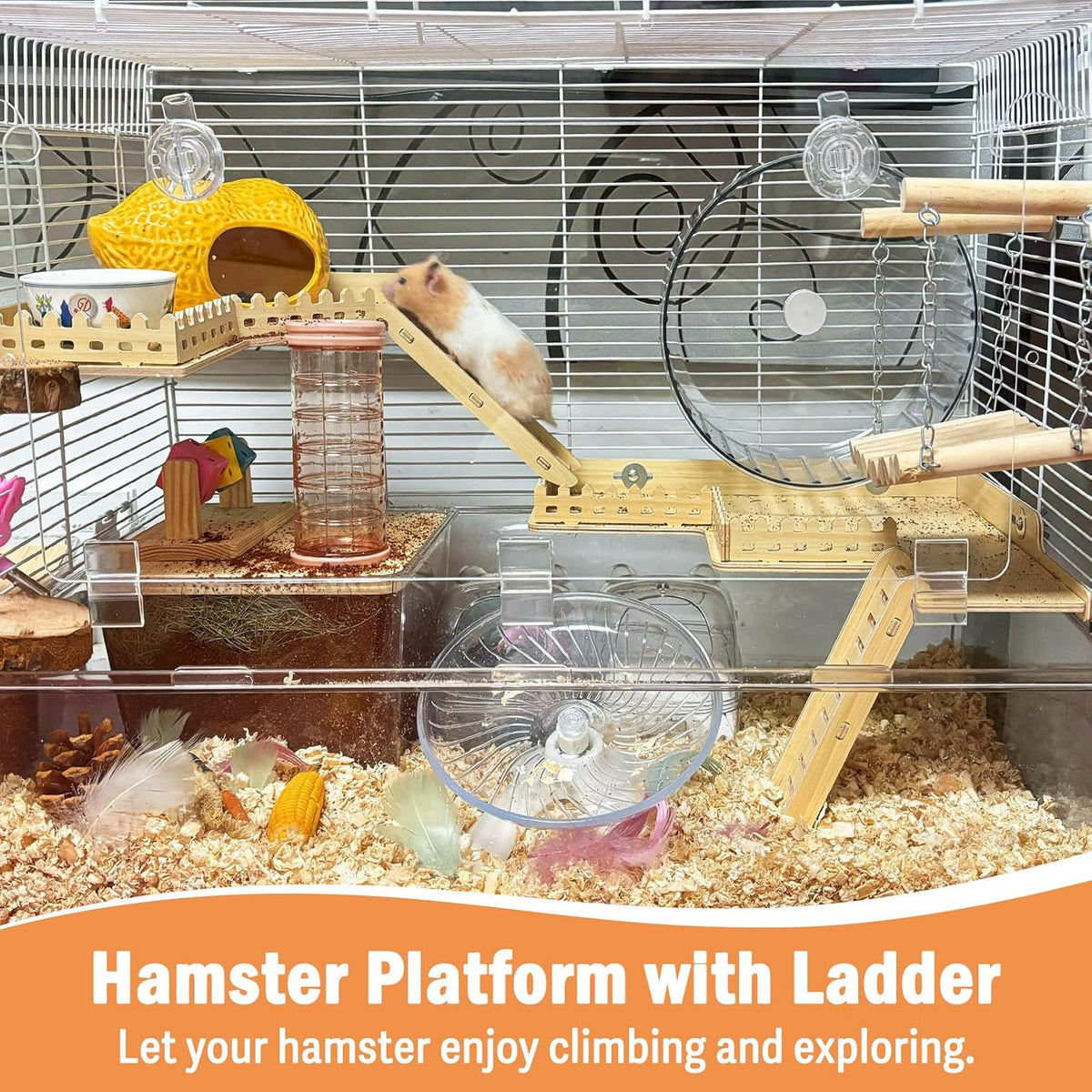 2-Tier Hanging Gerbil Climbing Platform with Ladder & Fence, Wooden Platform for Cage, Hamster Activity Playground Habitat Decor, Cage Accessories for Dwarf Hamster Gerbil Mice Rat Mouse