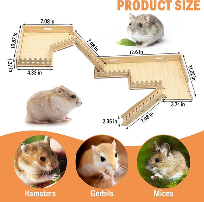 2-Tier Hanging Gerbil Climbing Platform with Ladder & Fence, Wooden Platform for Cage, Hamster Activity Playground Habitat Decor, Cage Accessories for Dwarf Hamster Gerbil Mice Rat Mouse