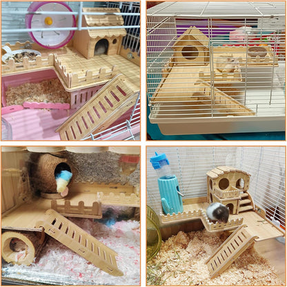 2-Tier Hanging Gerbil Climbing Platform with Ladder & Fence, Wooden Platform for Cage, Hamster Activity Playground Habitat Decor, Cage Accessories for Dwarf Hamster Gerbil Mice Rat Mouse