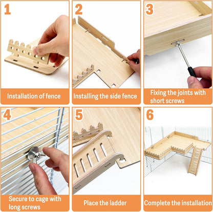 2-Tier Hanging Gerbil Climbing Platform with Ladder & Fence, Wooden Platform for Cage, Hamster Activity Playground Habitat Decor, Cage Accessories for Dwarf Hamster Gerbil Mice Rat Mouse