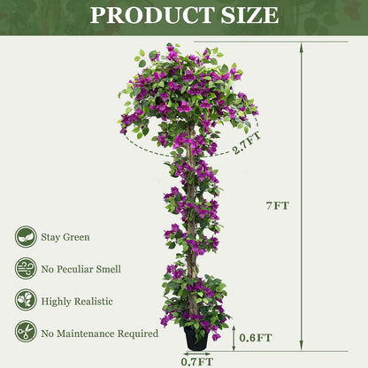 7FT Tall Bougainvillea Artificial Tree for Outdoors or Indoors, Faux Tree Realistic Wood with Flowers in Plastic Pot Front Porch Plants, Home, Office, Purple