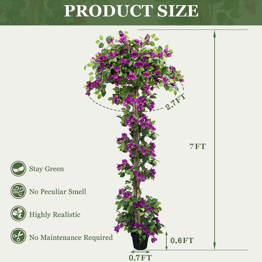 7FT Tall Bougainvillea Artificial Tree for Outdoors or Indoors, Faux Tree Realistic Wood with Flowers in Plastic Pot Front Porch Plants, Home, Office, Purple