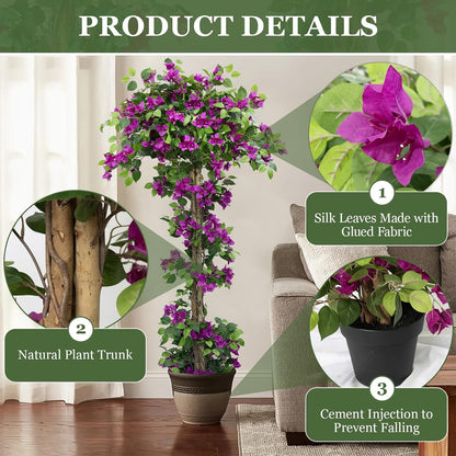 7FT Tall Bougainvillea Artificial Tree for Outdoors or Indoors, Faux Tree Realistic Wood with Flowers in Plastic Pot Front Porch Plants, Home, Office, Purple
