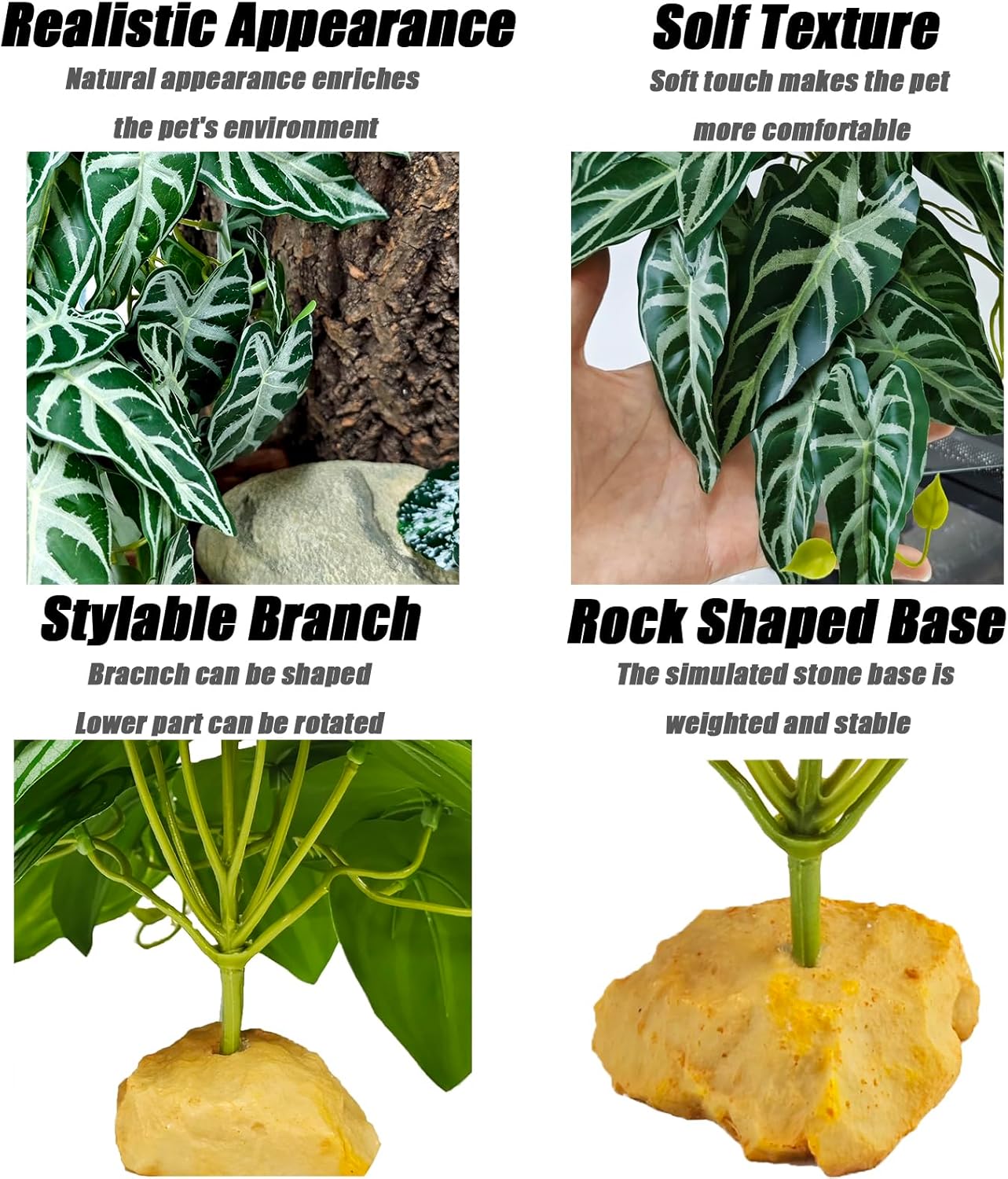 Reptile Plants for Terrarium Decor, Ball Python Tank Accessories fit Bearded Dragon Crested Leopard Gecko Lizard Chameleon Snake Frog Tortoise Hermit Crab - Fake Alocasia Black Velvet
