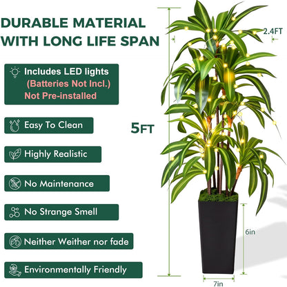 Artificial Dracaena Tree 5FT, Fake Plants with Black Tall Planter - Fake Tree Tall Faux Plants Indoor Floor Plant with Moss - Artificial Plants Indoor for Office Living Room Home Decor