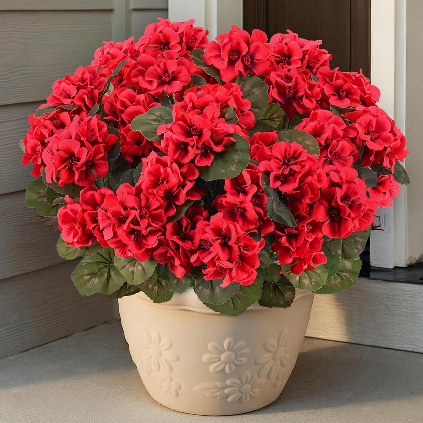 12 Pcs Artificial Flowers for Outdoors, Faux Silk Geraniums Flowers UV Resistant Fake Flowers Outdoor Plants for Front Porch Yard Patio Garden Home Decor (12, Red)