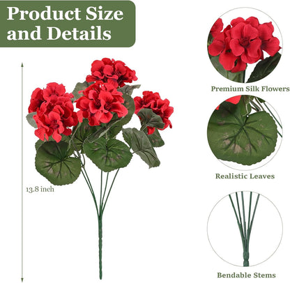 12 Pcs Artificial Flowers for Outdoors, Faux Silk Geraniums Flowers UV Resistant Fake Flowers Outdoor Plants for Front Porch Yard Patio Garden Home Decor (12, Red)