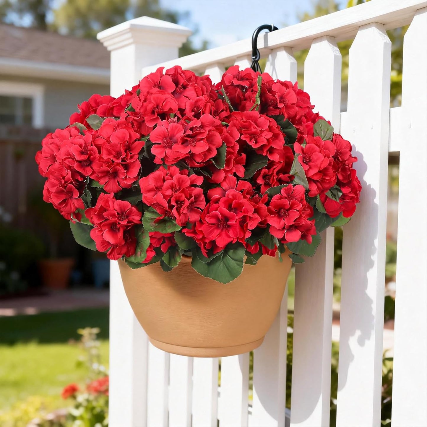 12 Pcs Artificial Flowers for Outdoors, Faux Silk Geraniums Flowers UV Resistant Fake Flowers Outdoor Plants for Front Porch Yard Patio Garden Home Decor (12, Red)