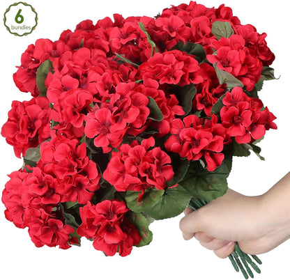12 Pcs Artificial Flowers for Outdoors, Faux Silk Geraniums Flowers UV Resistant Fake Flowers Outdoor Plants for Front Porch Yard Patio Garden Home Decor (12, Red)