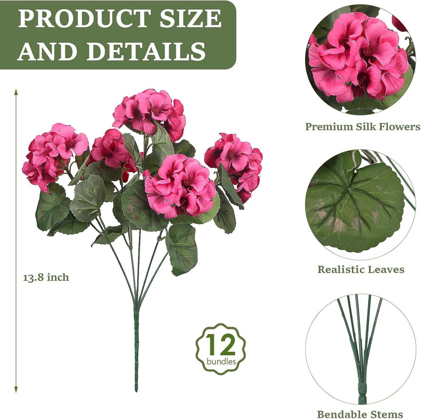 12 Pcs Artificial Flowers for Outdoors, Faux Silk Geraniums Flowers UV Resistant Fake Flowers Outdoor Plants for Front Porch Yard Patio Garden Home Decor (12, Red)