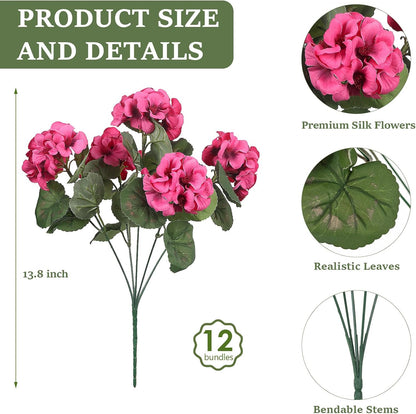 12 Pcs Artificial Flowers for Outdoors, Faux Silk Geraniums Flowers UV Resistant Fake Flowers Outdoor Plants for Front Porch Yard Patio Garden Home Decor (12, Red)