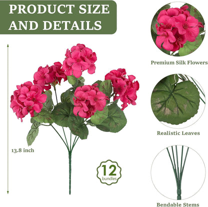 12 Pcs Artificial Flowers for Outdoors, Faux Silk Geraniums Flowers UV Resistant Fake Flowers Outdoor Plants for Front Porch Yard Patio Garden Home Decor (12, Red)
