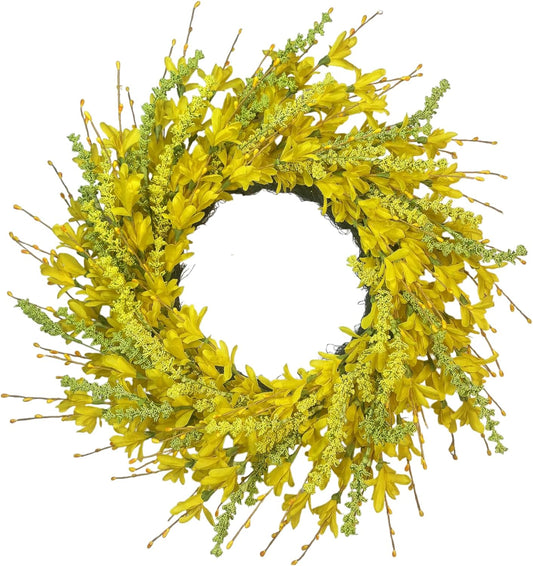 24 Inch Spring Summer Wreath for Front Door – Faux Forsythia Wreath – All-Season Indoor Outdoor Farmhouse Wall Window Porch Wedding Living Room Decor (Yellow)