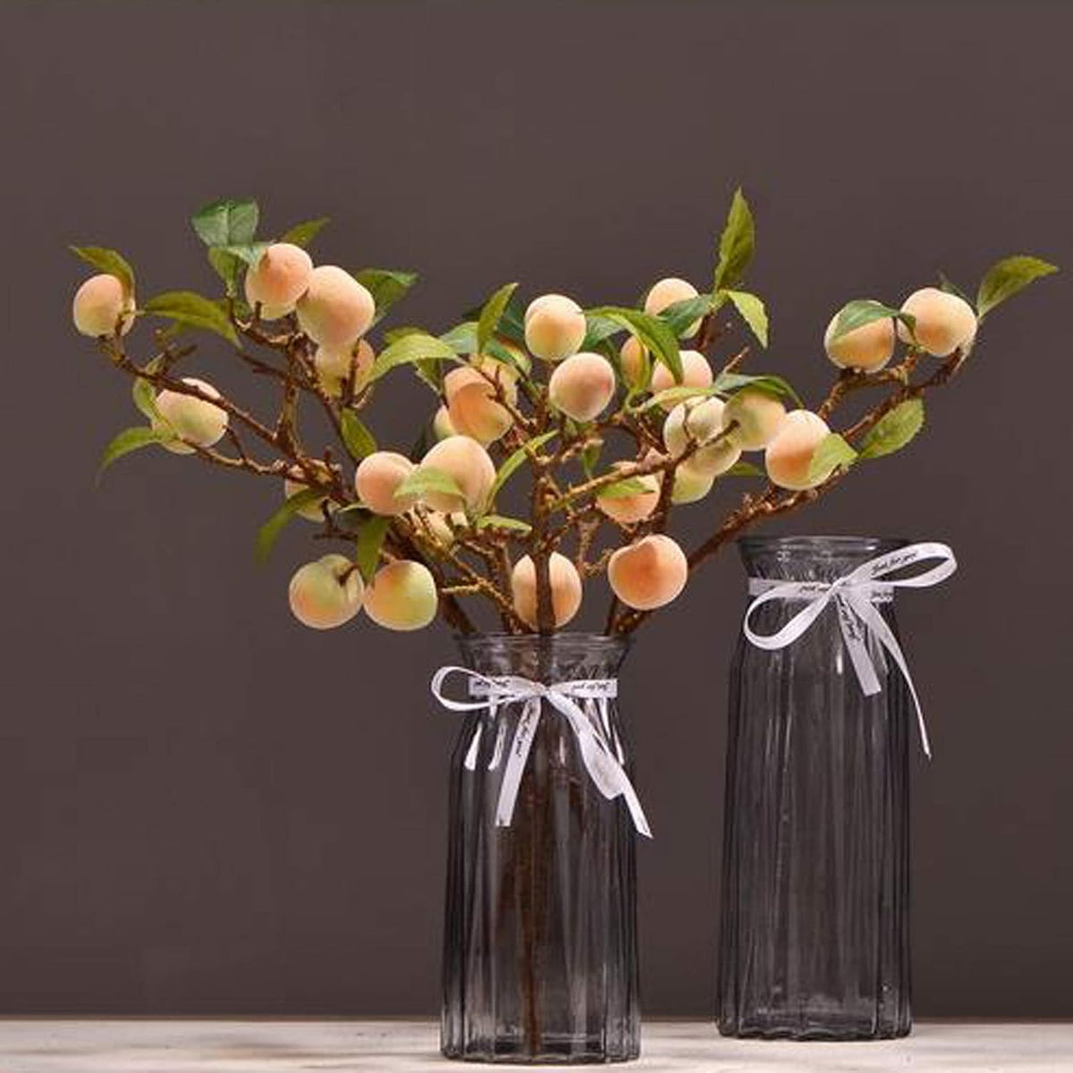 2 Pcs Artificial Peach Branches, 18 Inch Real Touch Fake Peach with Green Leaves Simulation Peach Tree Stems Faux Plants Flower Arrangement for Vase Wedding Photography Props Decor