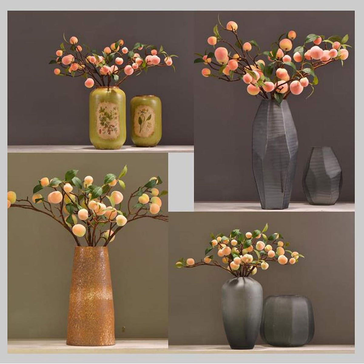2 Pcs Artificial Peach Branches, 18 Inch Real Touch Fake Peach with Green Leaves Simulation Peach Tree Stems Faux Plants Flower Arrangement for Vase Wedding Photography Props Decor