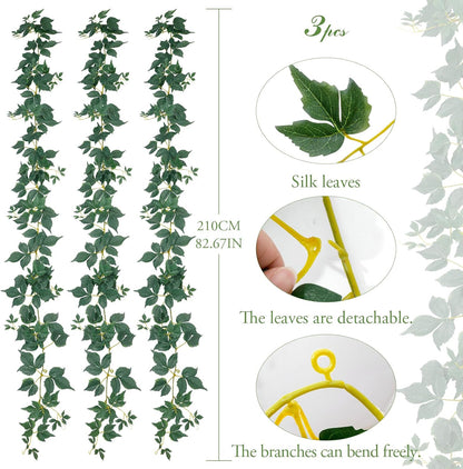 3 Strands Odorless Artificial Ivy Vines Kit, 71" Silk Ivy Garland with Green Leaves, Fake Hanging Plants Greenery Decoration for Bedroom, Windows, Walls, Wedding, Outdoor Decor (Green)