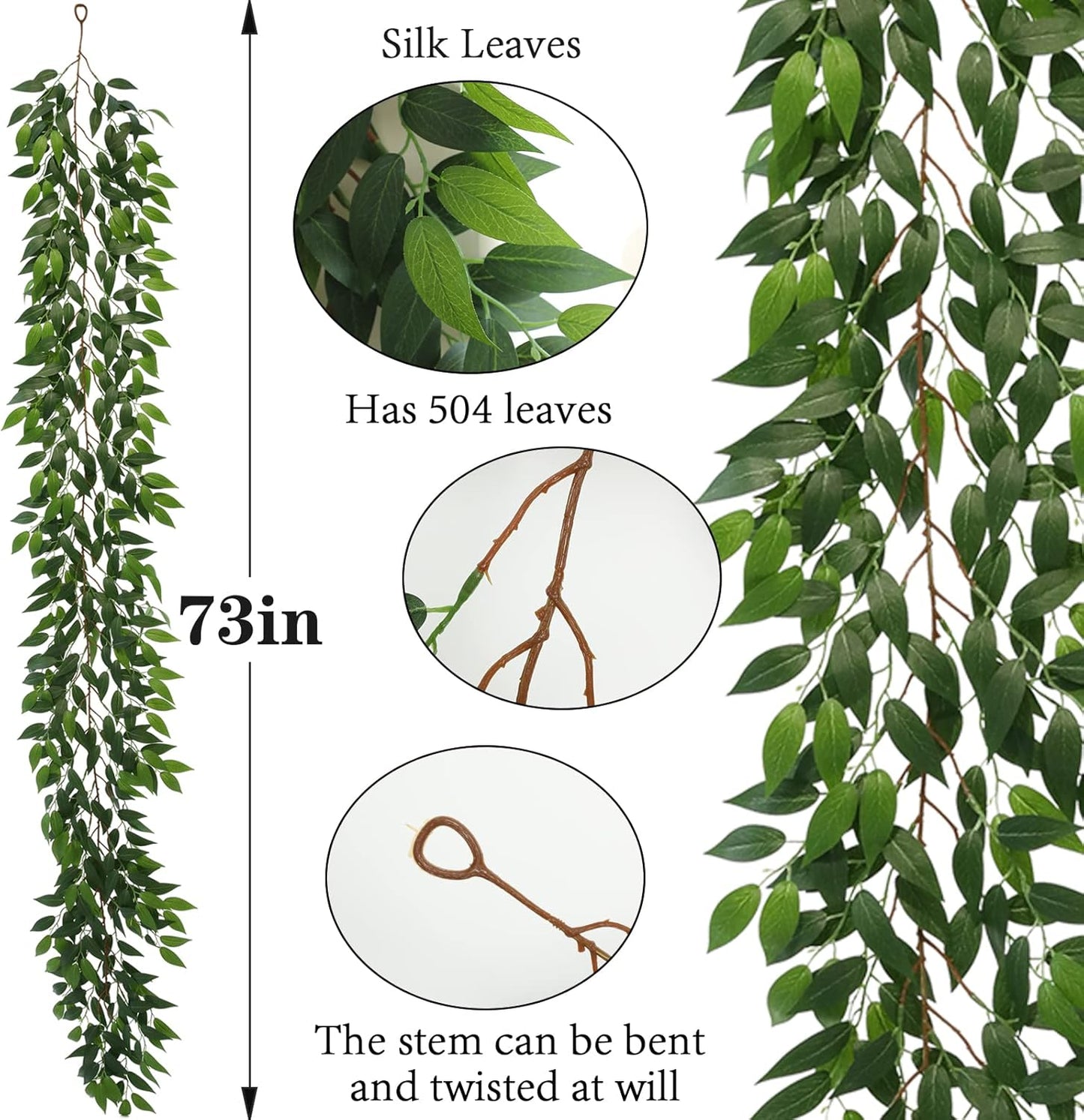 3 Strands Odorless Artificial Ivy Vines Kit, 71" Silk Ivy Garland with Green Leaves, Fake Hanging Plants Greenery Decoration for Bedroom, Windows, Walls, Wedding, Outdoor Decor (Green)
