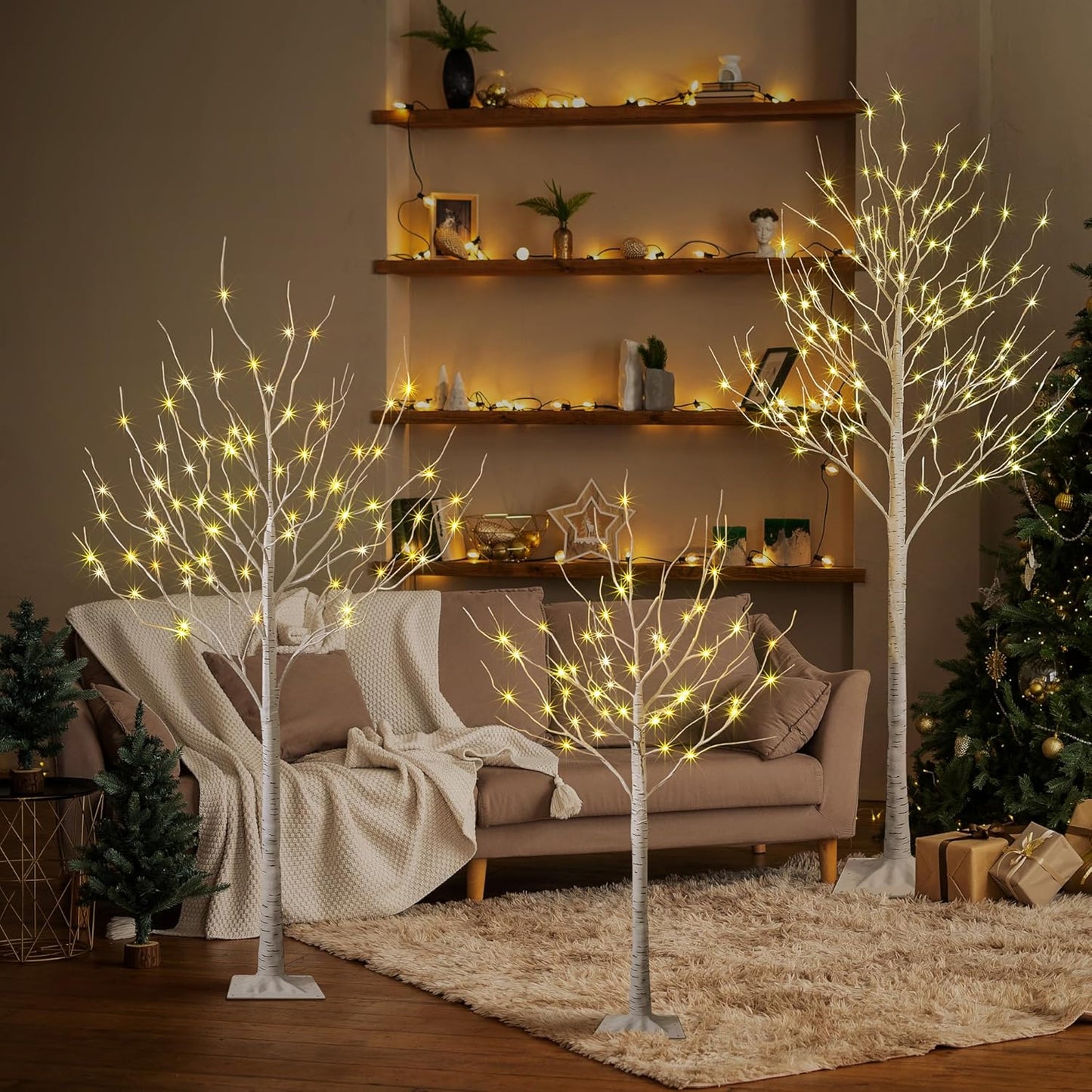 LED Birch Tree Light Set - 4ft, 6ft, 8ft Trees with Warm White Lights - Indoor Outdoor Christmas Wedding Party Decorations (3-Pack)
