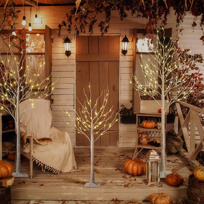 LED Birch Tree Light Set - 4ft, 6ft, 8ft Trees with Warm White Lights - Indoor Outdoor Christmas Wedding Party Decorations (3-Pack)