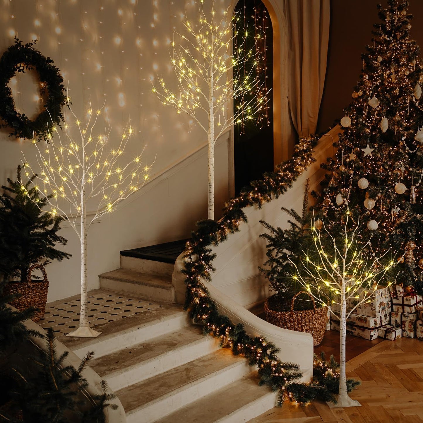 LED Birch Tree Light Set - 4ft, 6ft, 8ft Trees with Warm White Lights - Indoor Outdoor Christmas Wedding Party Decorations (3-Pack)