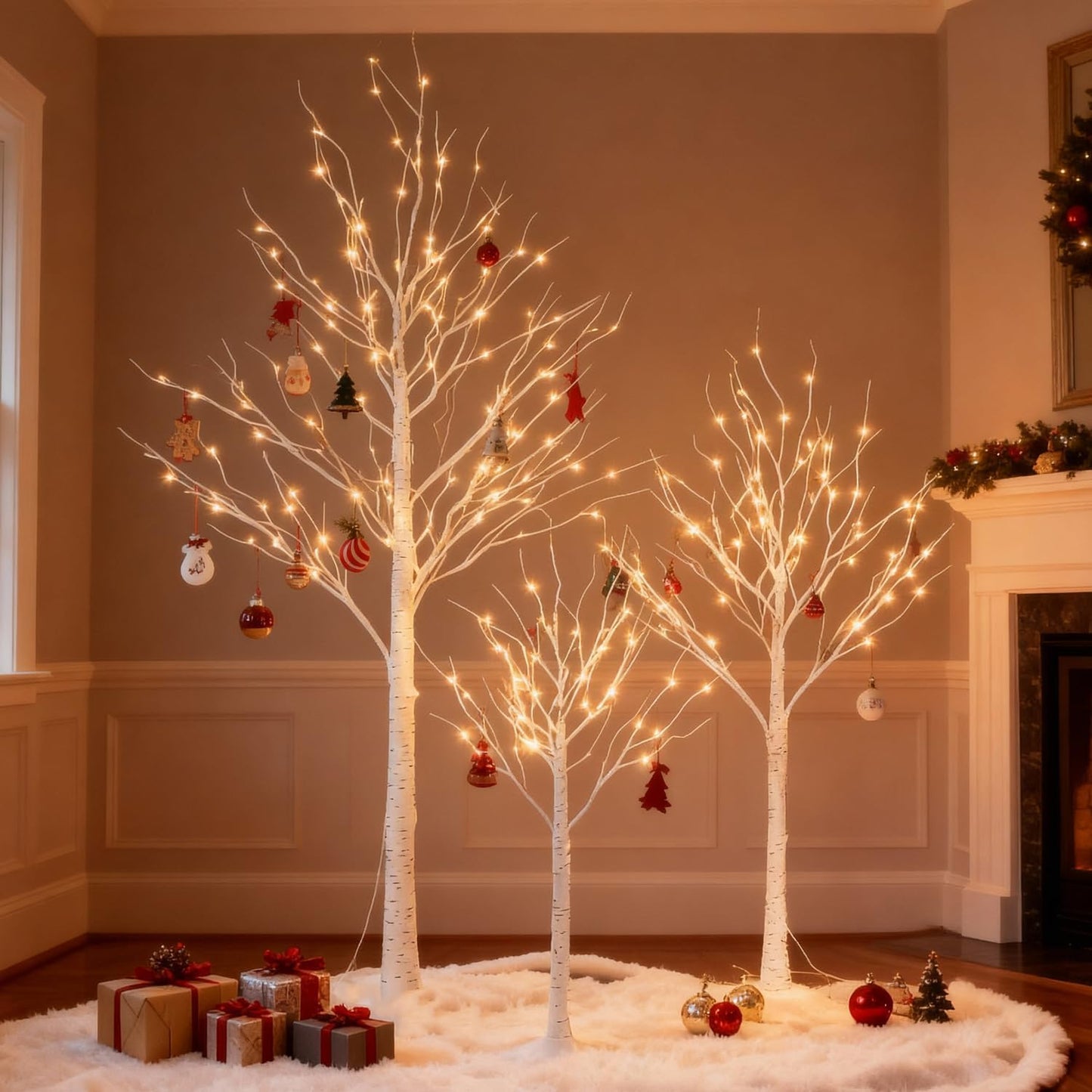LED Birch Tree Light Set - 4ft, 6ft, 8ft Trees with Warm White Lights - Indoor Outdoor Christmas Wedding Party Decorations (3-Pack)